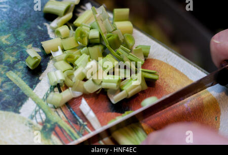 Woman cuts fresh onion top view angle Stock Photo