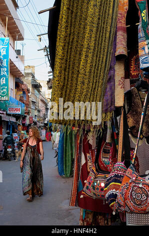 Souvenir, shop, Tourist, Street scene in Sadar Bazaar rd,pushkar, Rajasthan, india Stock Photo