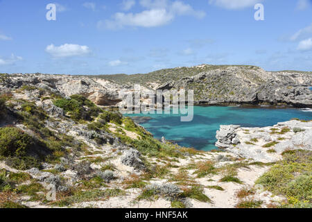 Coastal limestone and turquoise Indian Ocean bay at Cape Vlamingh at Rottnest Island in Western Australia Stock Photo