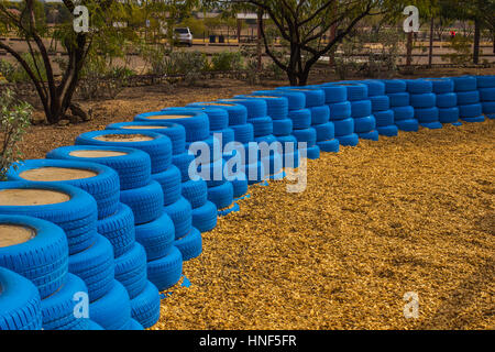 Blue Rubber Tires Used As Bumpers For Small Children At Arizona Park Stock Photo