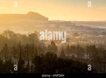 The village of Postling in the Kent and North Downs on a Winter's sunrise. Stock Photo
