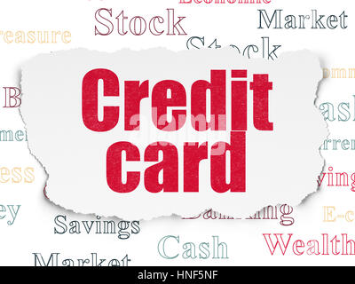 Money concept: Painted red text Credit Card on Torn Paper background with  Tag Cloud Stock Photo