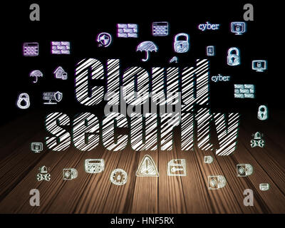 Protection concept: Glowing text Cloud Security,  Hand Drawn Security Icons in grunge dark room with Wooden Floor, black background Stock Photo