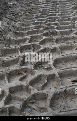 Close up shot of tyre tracks / tire marks in soft mud at winter time. Muddy track. Stock Photo