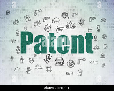 Law concept: Painted green text Patent on Digital Data Paper background with  Hand Drawn Law Icons Stock Photo