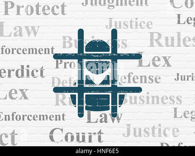 Law concept: Painted blue Criminal icon on White Brick wall background with  Tag Cloud Stock Photo