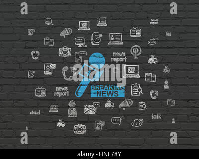 News concept: Painted blue Breaking News And Microphone icon on Black Brick wall background with  Hand Drawn News Icons Stock Photo