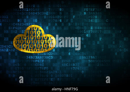 Cloud computing concept: pixelated Cloud With Code icon on digital background, empty copyspace for card, text, advertising Stock Photo