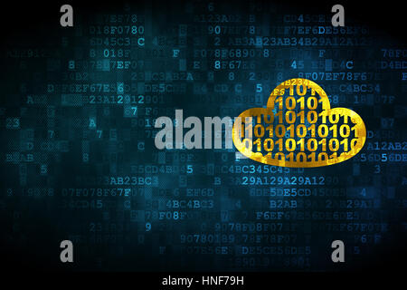 Cloud computing concept: pixelated Cloud With Code icon on digital background, empty copyspace for card, text, advertising Stock Photo