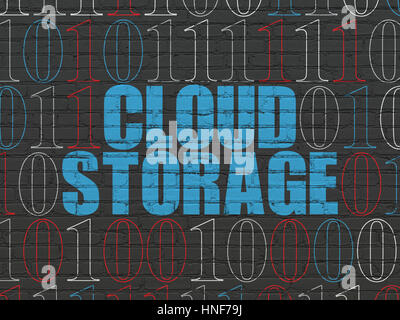 Cloud networking concept: Painted blue text Cloud Storage on Black Brick wall background with Binary Code Stock Photo