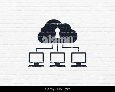 Cloud networking concept: Painted black Cloud Network icon on White Brick wall background Stock Photo