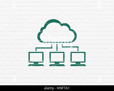 Cloud computing concept: Painted green Cloud Network icon on White Brick wall background Stock Photo