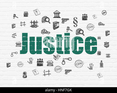 Law concept: Painted green text Justice on White Brick wall background with  Hand Drawn Law Icons Stock Photo