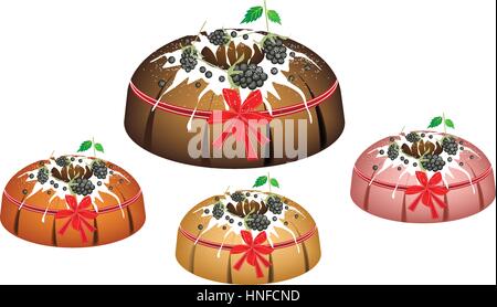 Illustration Set of Bundt Cake or Traditional Big Round Cake with Hole Inside, Mirror Glaze Coating and Cherries for Holiday Dessert Isolated on White Stock Vector