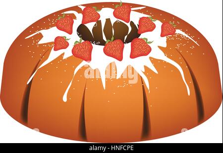 Strawberry Bundt Cake or Traditional Big Round Banana Cake with Hole Inside and Mirror Glaze Coatingfor Holiday Dessert Isolated on White Background. Stock Vector