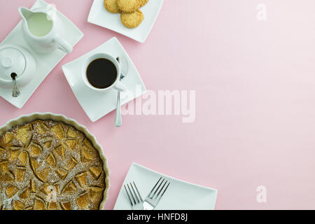 Top view of white coffee setting on pastel pink table Stock Photo