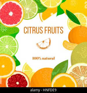 Fresh Citrus fruits ornament for postcard, greetings, wish card. Your text in frame of Bergamot, lemon, grapefruit, lime, mandarin, pomelo, blood oran Stock Vector