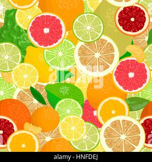 Juicy Citrus fruits set. Bright and vivid. Yellow, orange, red, green. Whole and slices, seamless pattern vector. realistic whole fruits and slices. Stock Vector