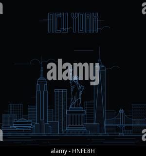 New York city with iconic buildings. Line art flat design. Vector illustration. Stock Vector