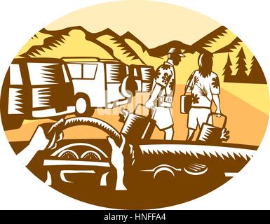 Illustration showing hands on steering wheel looking out of car windshield, with man and woman, wearing Hawaiian shirts, pulling suitcases at a parkin Stock Vector