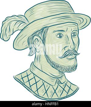 Drawing sketch style illustration of Juan Ponce de Leon, a Spanish explorer and conquistador who led the first European expedition to Florida while se Stock Vector