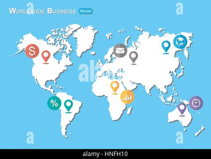 World Map with Pointers and Business icon ( Flat design ) Stock Vector