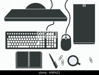 Desktop with Computer PC , keyboard , mouse , case , disk drive , monitor screen , book , pen , cup , paper clip ) ( Silhouette ) ( Bird eye view ) (  Stock Vector