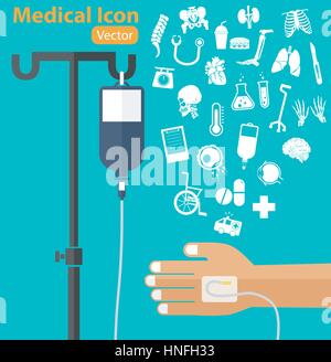 saline solution bag with pole, patient 's hand, IV tube, medical icon ( ambulance, wheelchair, medicine, drug, chart, thermometer, cane, surgical knif Stock Vector