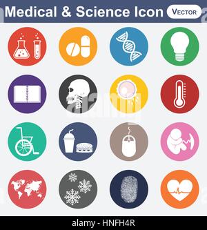 Medical and Science icon(test tube , drug , DNA , light bulb , note book , skull , sperm and ovum , thermometer, wheelchair , fast food , mouse , fetu Stock Vector