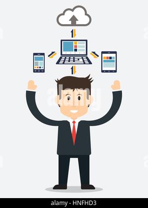 Business man show electronic device and cloud connection ( smartphone , tablet and computer are connecting to cloud server for sharing input and outpu Stock Vector