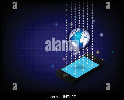 Cell phone and globe and binary digit on blue background . Vector 3D graphic design . Stock Vector