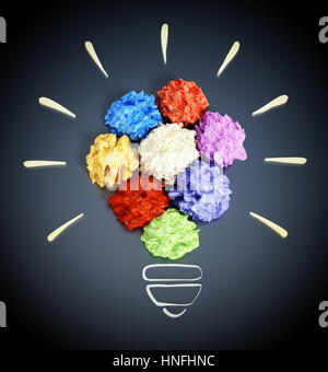 Colorful crumpled papers forming lightbulb shape. 3D illustration.