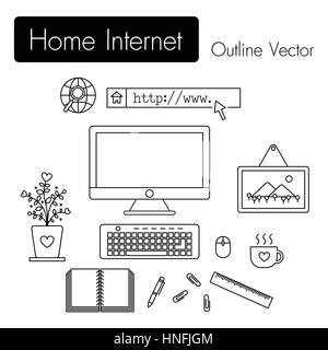 Home Internet . computer and modern workspace and equipment ( monitor screen , keyboard , mouse , picture frame , cup of coffee , notebook , pen , pap Stock Vector