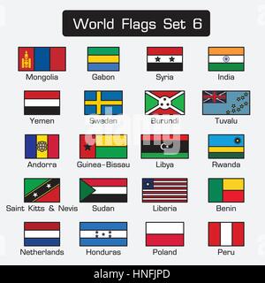 World flags set 6 . simple style and flat design . thick outline . Stock Vector