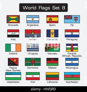 World flags set 8 . simple style and flat design . thick outline . Stock Vector