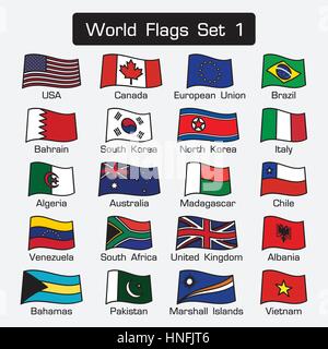 World flags set 1 . simple style and flat design . thick outline . Stock Vector