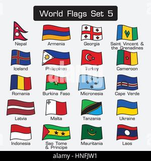 World flags set 5 . simple style and flat design . thick outline . Stock Vector