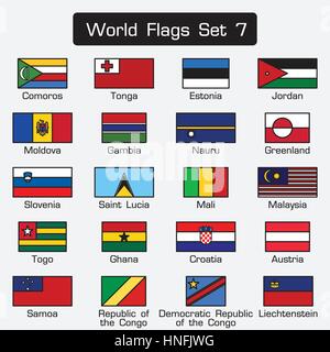 World flags set 7 . simple style and flat design . thick outline . Stock Vector