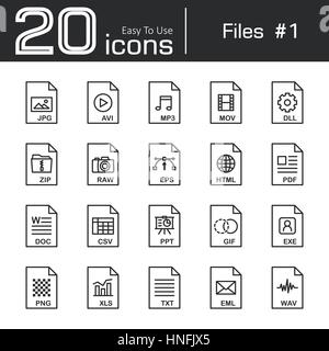 Files icon set 1 ( jpg , avi , mp3 , mov , dll , zip , raw , eps , html , pdf , doc , csv , ppt , gif , exe , png , xls , txt , eml , wav ) Stock Vector