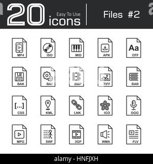 Files icon set 2 ( mp4 , iso , mid , apk , otf , bak , bat , bmp , tif , rar , css , kml , ink , ico , ogg , mpg , swf , 3gp , wma , flv ) Stock Vector