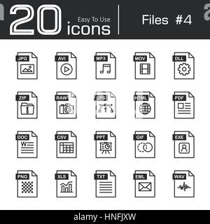 Files icon set 4 ( jpg , avi , mp3 , mov , dll , zip , raw , eps , html , pdf , doc , csv , ppt , gif , exe , png , xls , txt , eml , wav ) Stock Vector