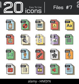 Files icon set 7 ( mp4 , iso , mid , apk , otf , bak , bat , bmp , tif , rar , css , kml , ink , ico , ogg , mpg , swf , 3gp , wma , flv ) vintage and Stock Vector