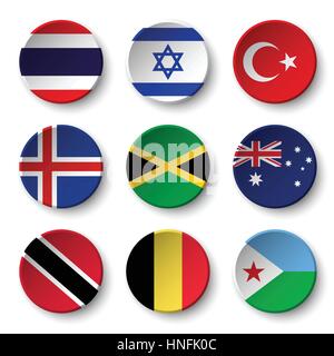 Set of world flags round badges ( Thailand . Israel . Turkey . Iceland . Jamaica , australia , Trinidad and tobago . Belgium . Djibouti ) Stock Vector