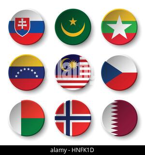 Set of world flags round badges ( Slovakia . Mauritania . Myanmar . Venezuela . Malaysia . Czech . Madagascar . Norway . Qatar ) Stock Vector