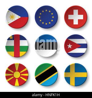 Set of world flags round badges ( Philippines . European union (EU) . Switzerland . Central African Republic . Estonia . cuba . Macedonia . Tanzania . Stock Vector