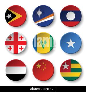 Set of world flags round badges ( East Timor . Marshall Islands . Laos . Georgia . Saint Vincent and the Grenadines . Somalia . Yemen . China . Togo ) Stock Vector