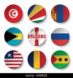 Set of world flags round badges ( Tunisia . Seychelles . Mongolia . Bahamas . England . Russia . Liberia . Chad . Sao Tome and Principe ) Stock Vector