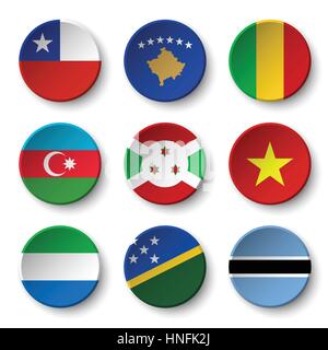 Set of world flags round badges ( Chile . Kosovo . Mali . Azerbaijan . Burundi . Vietnam . Sierra Leone . Solomon Islands . Botswana ) Stock Vector