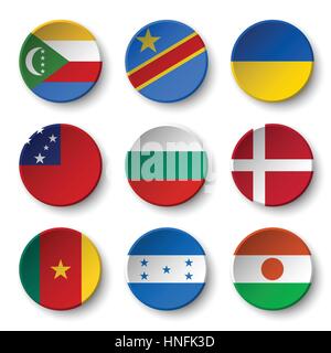 Set of world flags round badges ( Comoros . Democratic Republic of the Congo . Ukraine . Samoa , Bulgaria . Denmark . Cameroon . Honduras . Niger ) Stock Vector