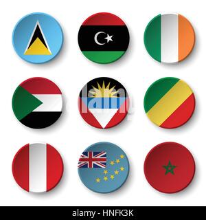 Set of world flags round badges ( Saint Lucia . Libya . ireland . Sudan . Antigua and Barbuda . Republic of the Congo . Peru . Tuvalu . Morocco ) Stock Vector